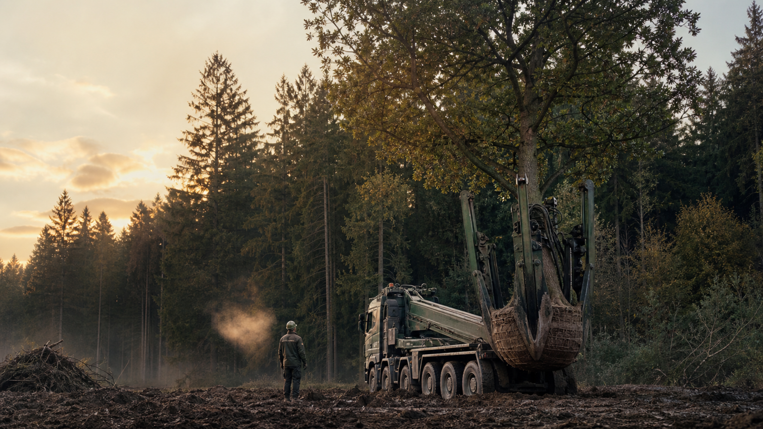 Przesadzarka hydrauliczna podczas przesadzania dużego drzewa